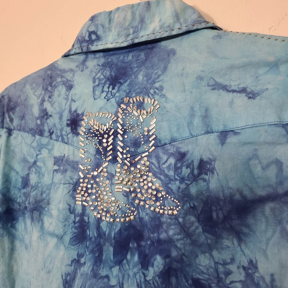 Y2K TyeDye Rhinestone Jacket Blue Silver Rhinestones Shirt With Pockets XL - Picture 9 of 11